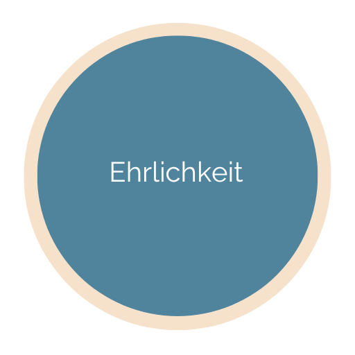 Ehrlichkeit Kreisförmige Grafik mit dem Wort „Ehrlichkeit“ in der Mitte auf blauem Hintergrund.