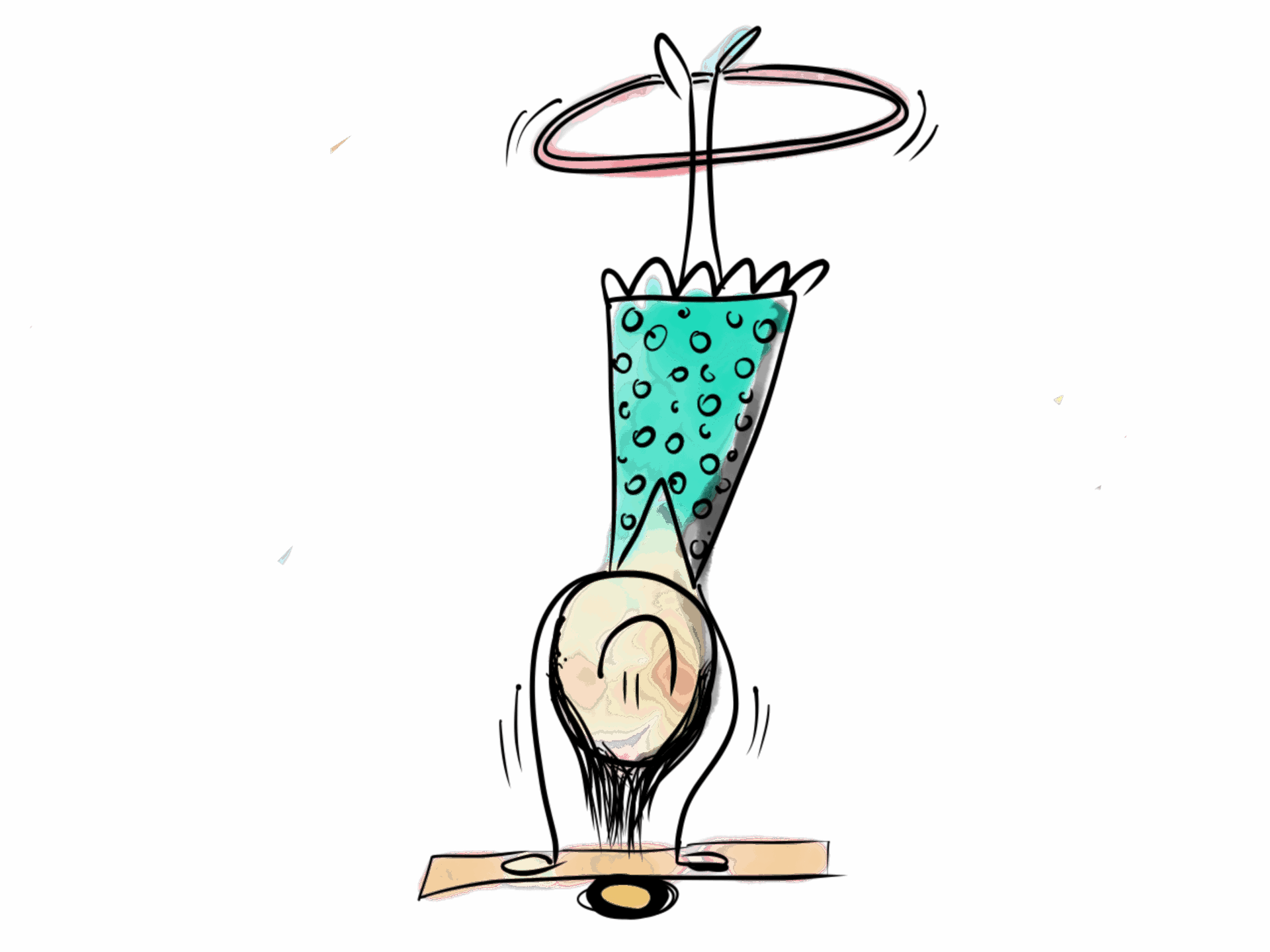 IMG_0350 2 Lustige Cartoon-Zeichnung einer Person, die auf dem Kopf balanciert, während sie einen Hula-Hoop-Reifen mit den Füßen dreht.