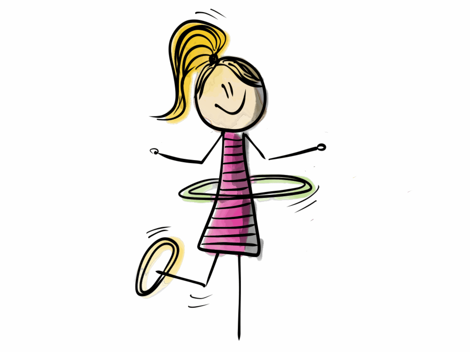 IMG_0353 Lustige Cartoon-Zeichnung eines fröhlichen Mädchens, das mit einem Hula-Hoop-Reifen um die Hüften und einem weiteren Reifen am Fuß spielt.