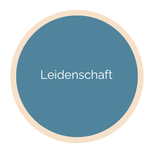 Leidenschaft Kreisförmige Grafik mit dem Wort „Leidenschaft“ in der Mitte auf blauem Hintergrund.