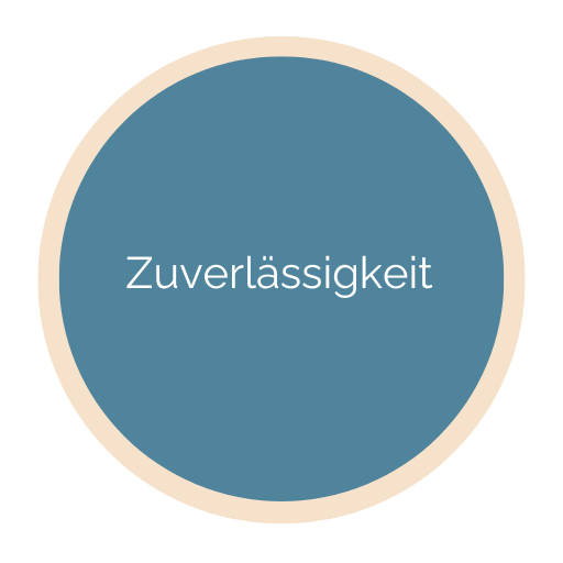 Zuverlässigkeit Kreisförmige Grafik mit dem Wort „Zuverlässigkeit“ in der Mitte auf blauem Hintergrund.