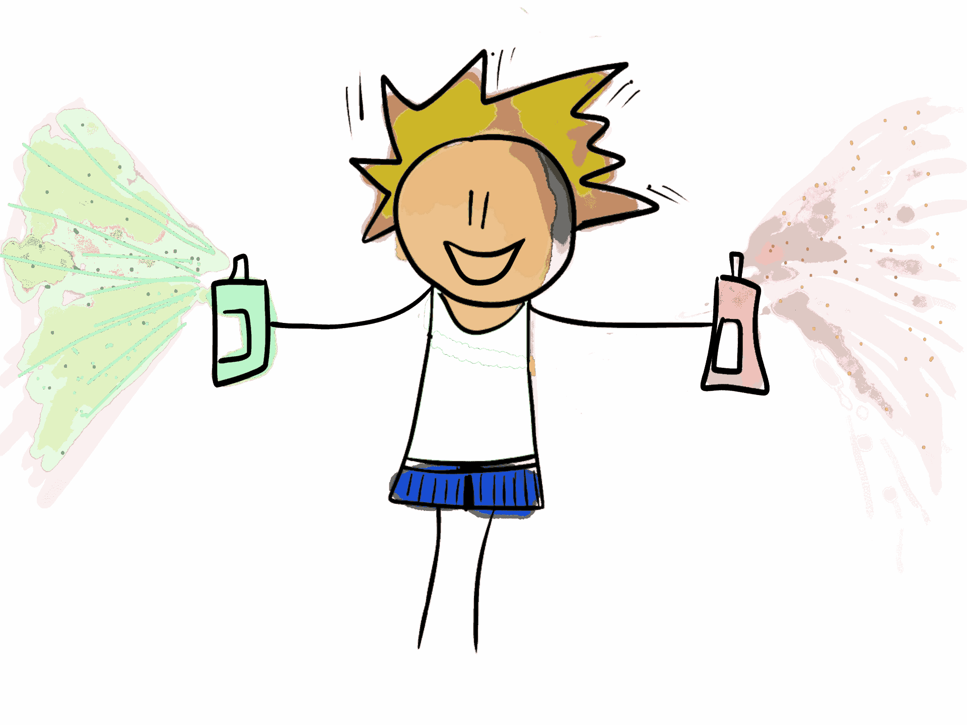 IMG_0465-min_2_11zon Fröhliche Cartoon-Zeichnung einer Person mit gespreizten Armen, die mit zwei Sprayflaschen bunte Farben versprüht.