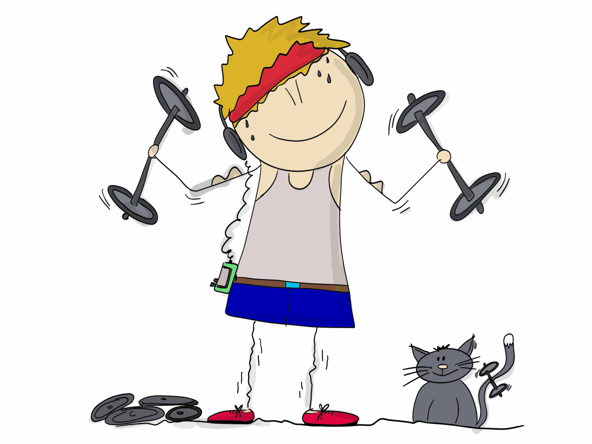 IMG_0468-min_4_11zon Lustige Cartoon-Zeichnung eines sportlichen Strichmännchens mit Kopfhörern, das Hanteln hebt, während eine Katze mit einer kleinen Hantel spielt.